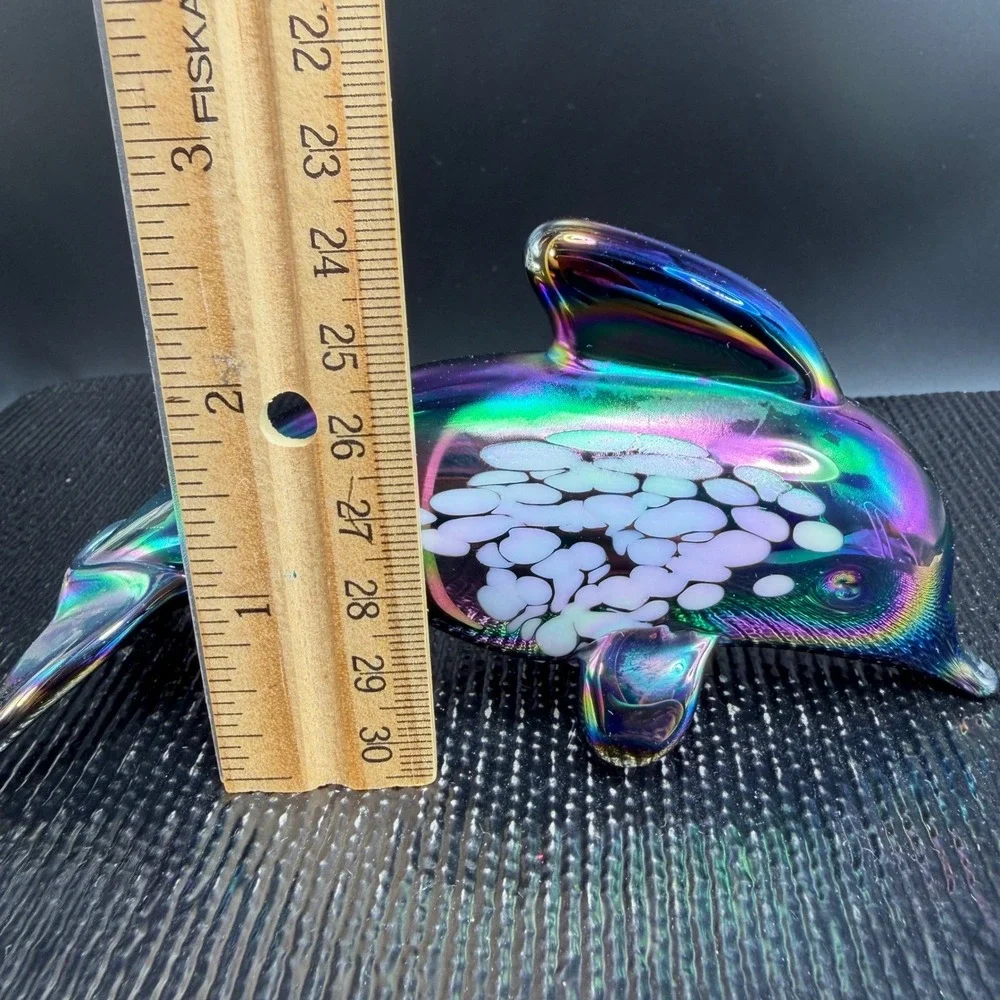 Pele of Hawaii Glass Iridescent Dolphin Figurine Carnival Glass White Spotted